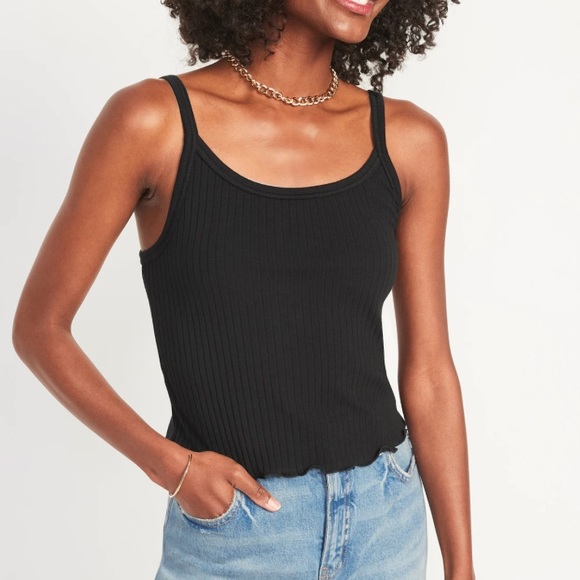 Old Navy Tops - Old Navy Black Fitted Cropped Lettuce-Edge Rib-Knit Tank Top for Women